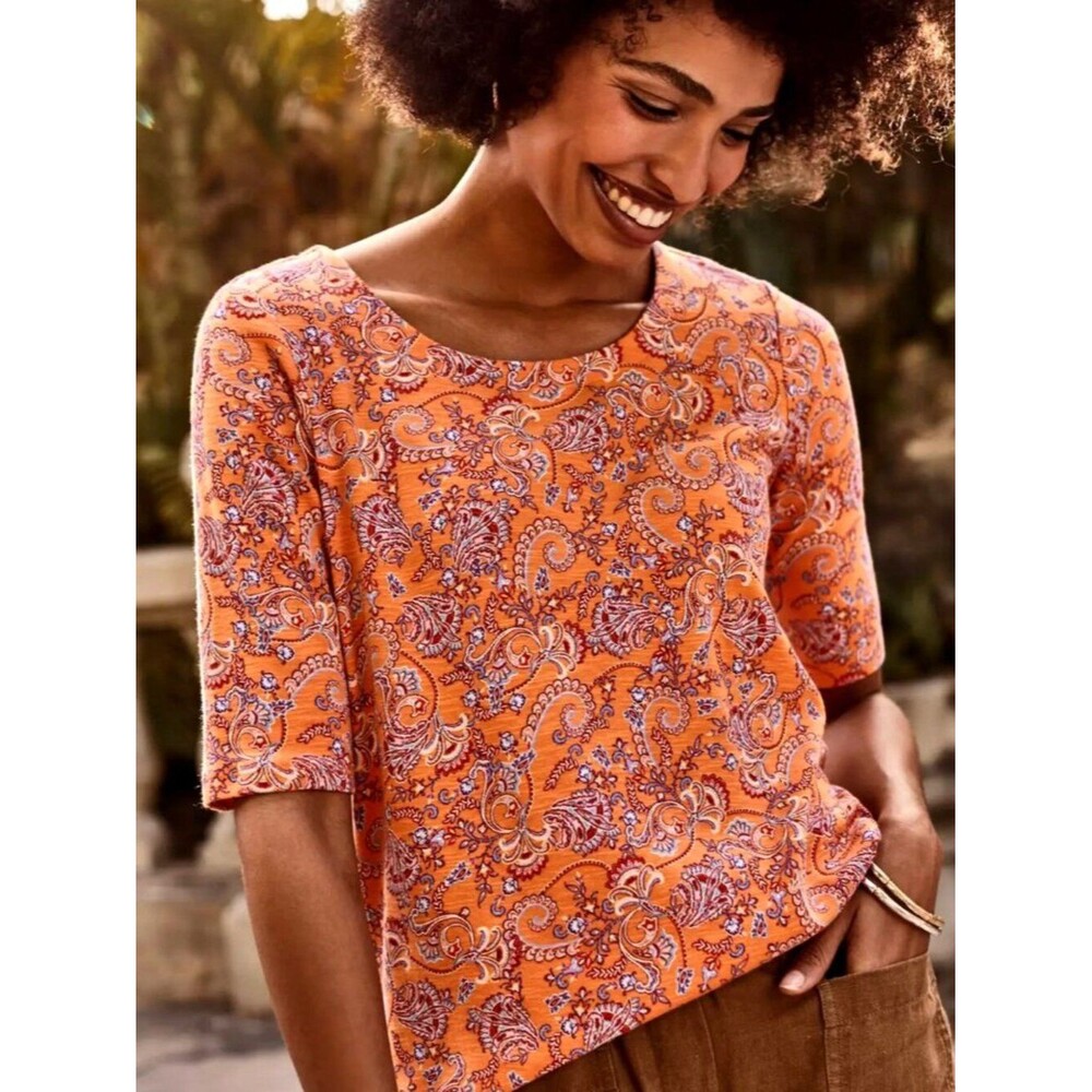 J.Jill Pima-Slub Scoop-Neck Side-Slit Tee Medium Petite Apricot Paisley - Picture 2 of 9